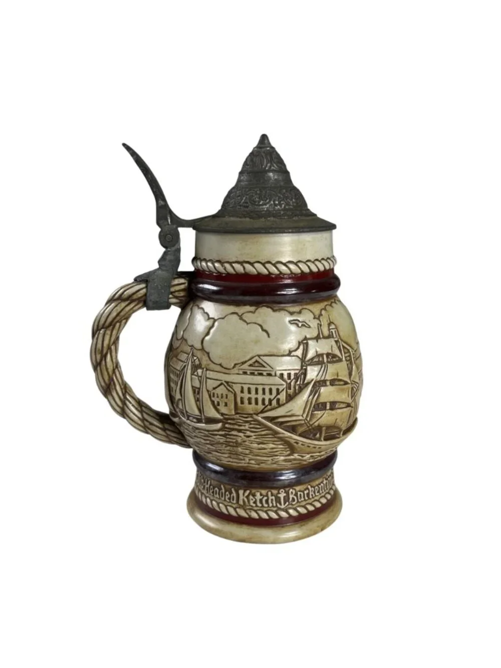 Vintage Avon Ceramic Beer Stein Broken‎ Pewter Lid Nautical Scene 1977